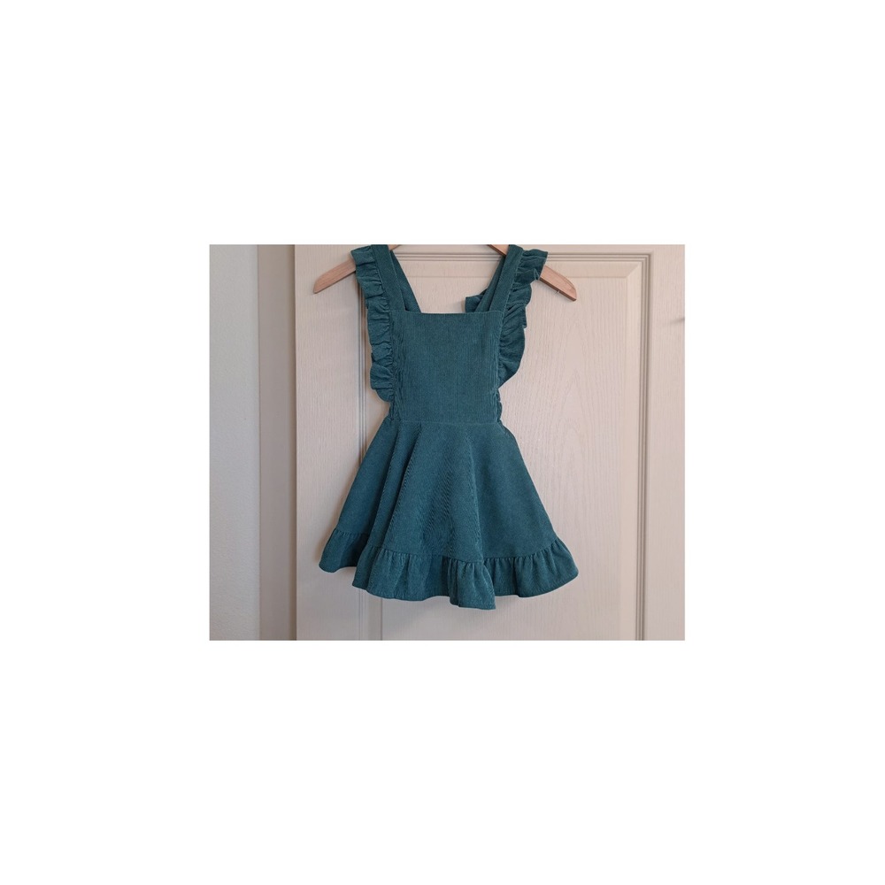 Green Corduroy Ruffle Pinafore Dress Kids Size 110 Tie Back Overall Dress